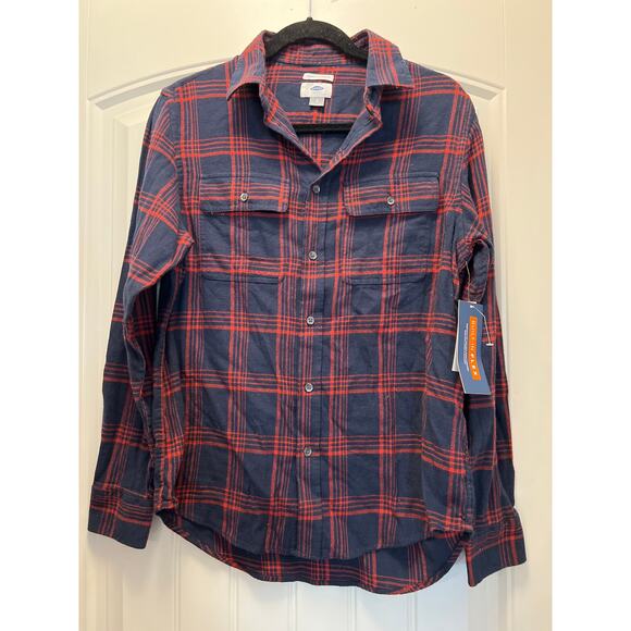 NWT Old Navy Men’s Regular Fit Flannel Collar Button Front Shirt Size S Blue Red - Picture 1 of 5
